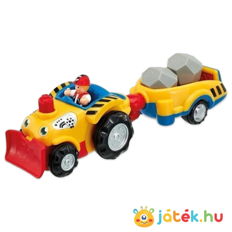 Henry, a lendkerekes kőszállító buldózer, utánfutóval, játék közben (Wow Toys)