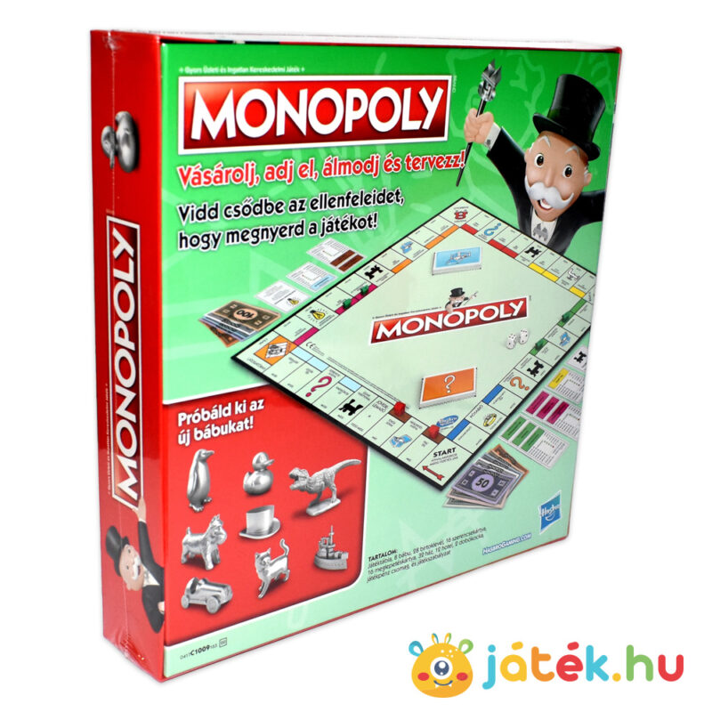 Klasszikus Monopoly társasjáték (új kiadás) doboza hátulról, balról