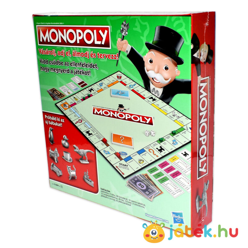 Klasszikus Monopoly társasjáték (új kiadás) doboza hátulról, jobbról