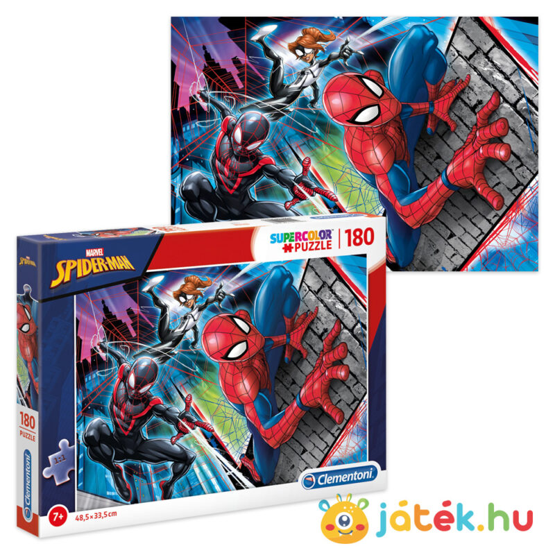 Marvel: Pókember, 180 db-os puzzle kirakott képe és doboza (Clementoni SuperColor, Spiderman 29293)