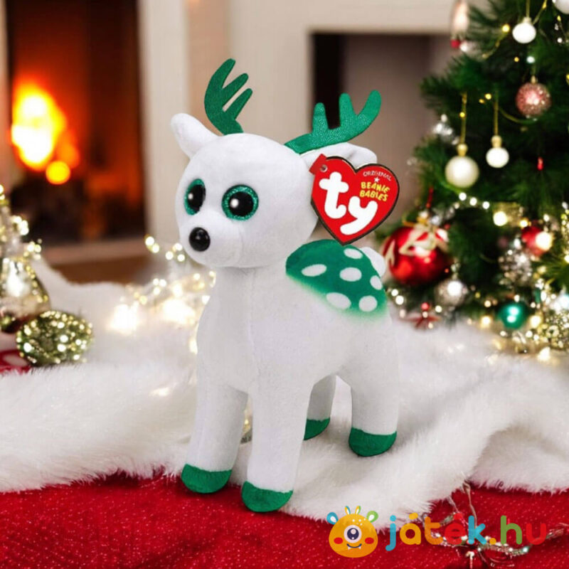 TY Beanie Babies: Peppermint a fehér plüss rénszarvas az asztalon (15 cm)