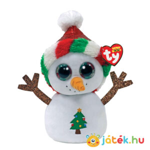 Ty Beanie Boos: Misty, a karácsonyi csillogó szemű plüss hóember, karácsonyfa mintával (15 cm)