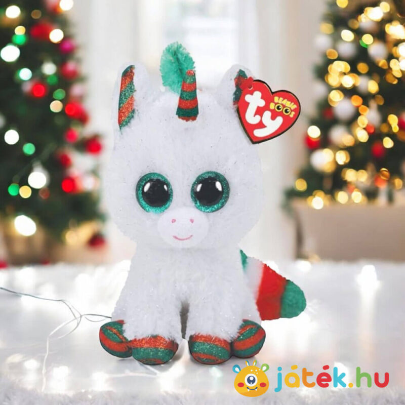 TY Beanie Boos: Snowfall, a fehér karácsonyi csillogó szemű plüss unikornis az asztalon (15 cm)