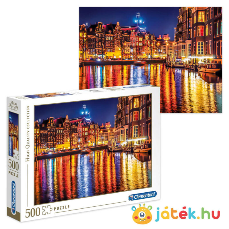 Amszterdam gyönyörű éjszakai fényei puzzle képe és doboza, 500 db (Clementoni 35037)