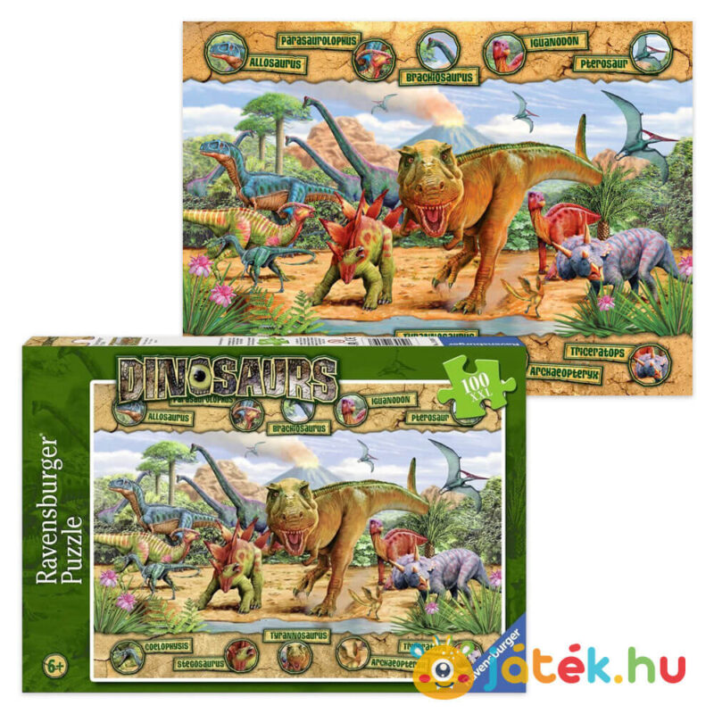 Dinoszauroszok világa puzzle képe és doboza, 100 db (Ravensburger)