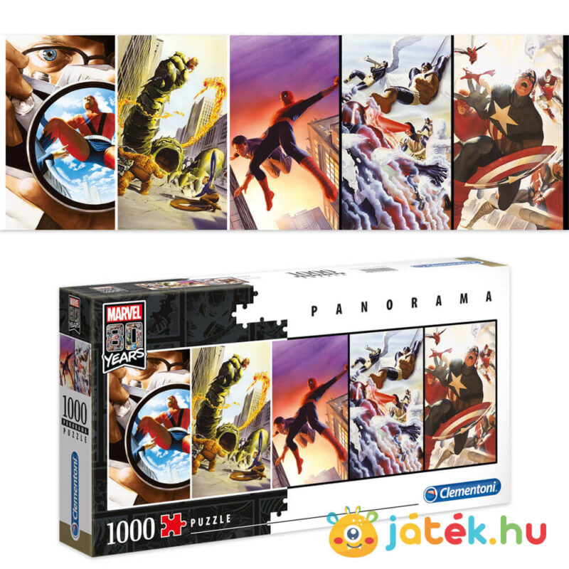 Marvel panoráma puzzle képe és doboza: 80 éves jubíleumi kiadás, 1000 db (Clementoni 39546)