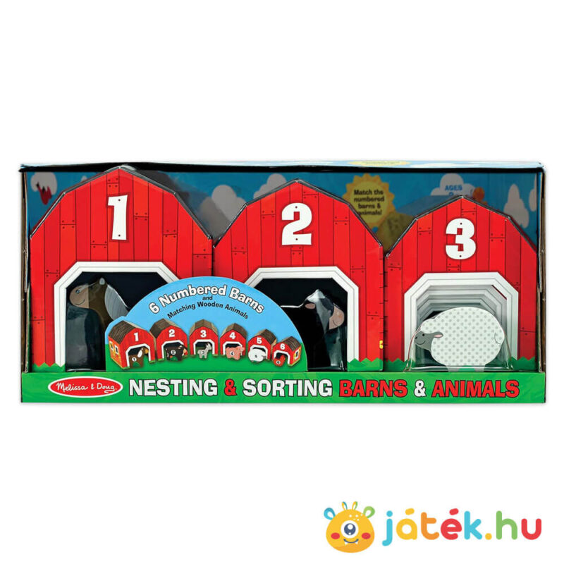 Ól soroló, párosító és rakosgató fejlesztő játék doboza, 6 óllal és 6 állattal (Melissa & Doug)