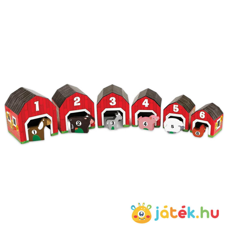 Ól soroló, párosító és rakosgató fejlesztő játék tartalma, 6 óllal és 6 állattal (Melissa & Doug)