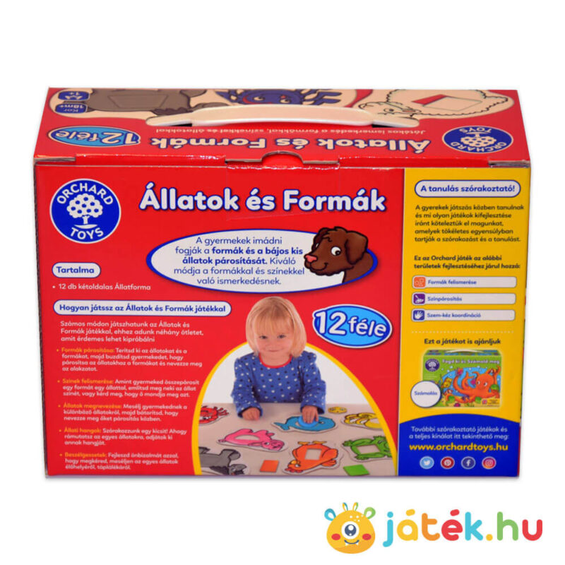 Orchard Toys: Állatok és alakzatok formakereső készségfejlesző játék doboza hátulról