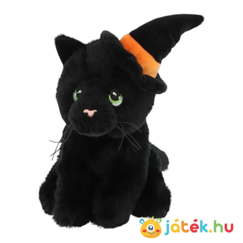 Halloweeni fekete plüss cica boszorkány kalapban, többféle méretben (Keel Toys)