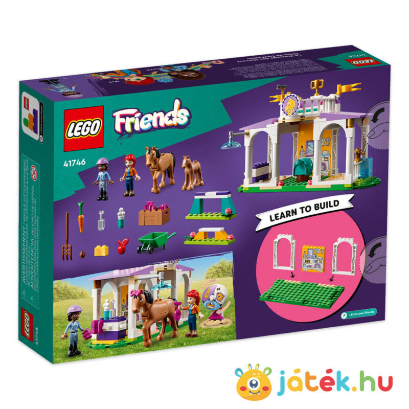 Új lovasiskola doboza, hátulról, Aliya és Mia figurákkal, 2 lóval, kiegészítőkkel (Lego Friends 41746)