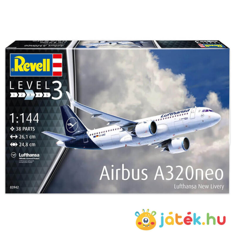 Lufthansa Airbus A320 Neo 1:144 makett készlet doboza, festékkel, ragasztóval (Revell 63942)