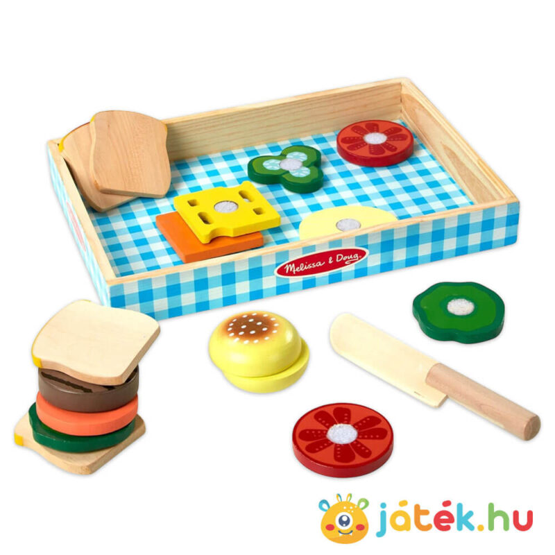 Szerepjáték: Szendvicskészítés, 17 db-os konyhai fajáték tartalma, szeletelhető hozzávalókkal (Melissa & Doug)