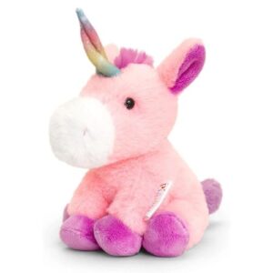Rózsaszín, ülő plüss unikornis, csavart szarvval, 14 cm (Keel Toys, Pippins)