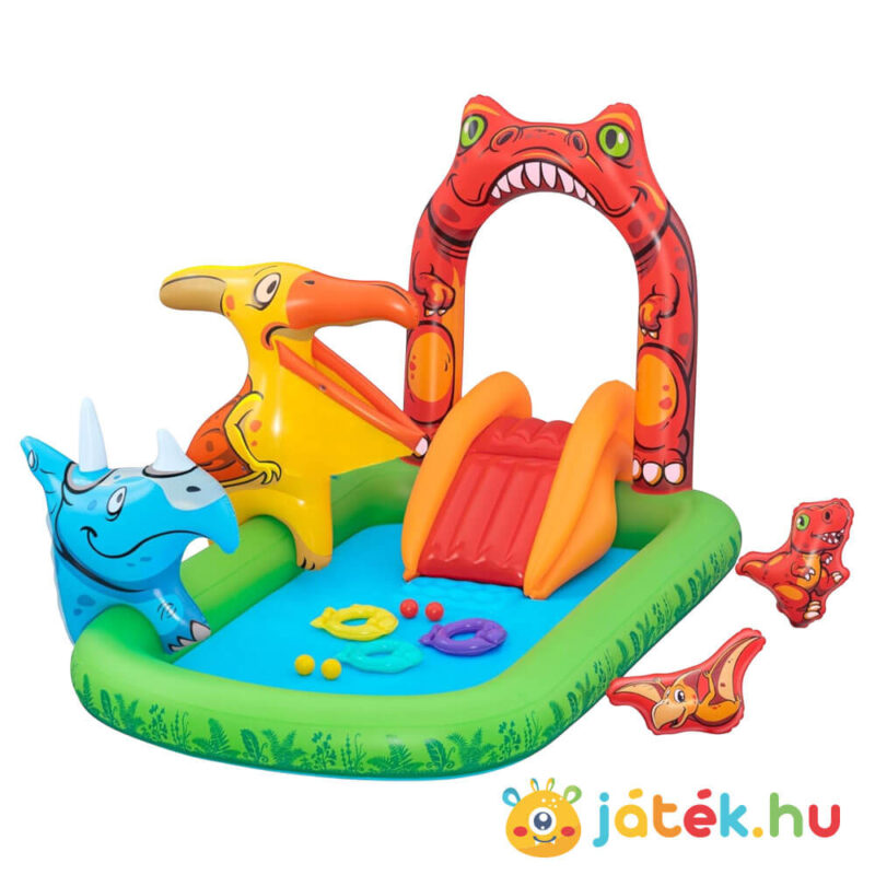 Jurassic Splash felfújható dinós vízi játéksziget pancsoló medence csúszdával (241x140x137 cm, Bestway)