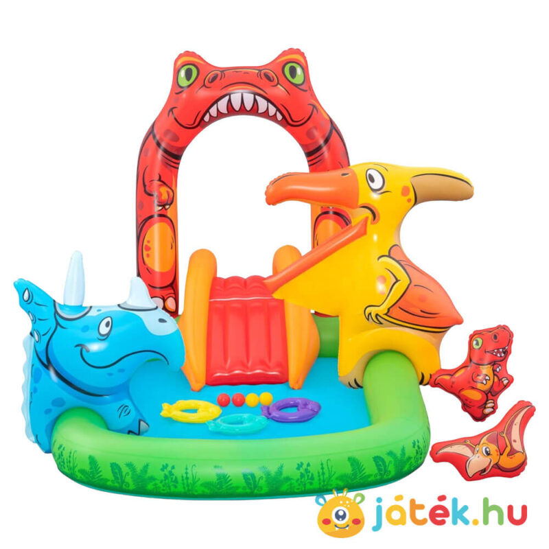 Jurassic Splash felfújható dinós vízi játéksziget pancsoló medence csúszdával, felfújva (241x140x137 cm, Bestway)
