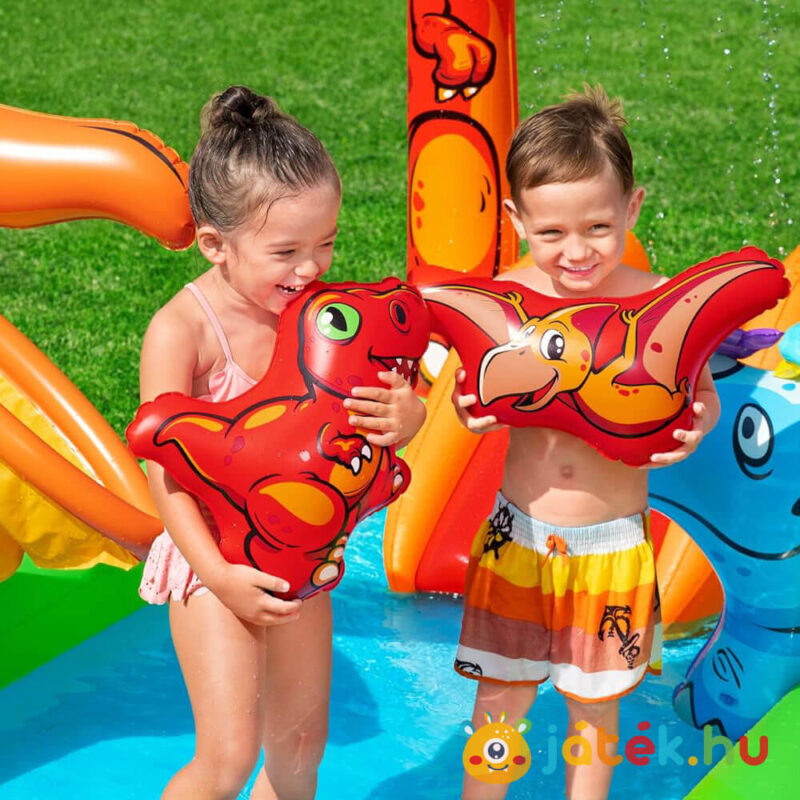Jurassic Splash felfújható dinós vízi játéksziget pancsoló medence csúszdával gyerekeknek (241x140x137 cm, Bestway)