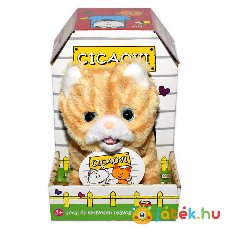 Füli, a sétáló, nyávogó skót lógófülű plüss cica dobozban előről (20 cm)