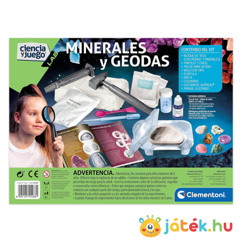 Tudomány és Játék: Ásványok és geódák doboza, hátulról (Clementoni)
