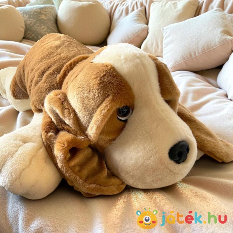 Fekvő, óriás, XXL méretű, élethű basset hound plüss kutya, 75 cm