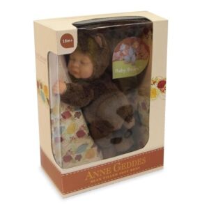 Anne Geddes: Puha testű babafigura, barna maci ruhában, 23 cm