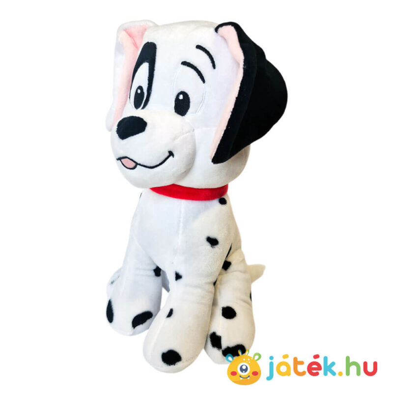 101 kiskutya: Foltos szemű plüss dalmata kutya, fekete fehér füllel, piros nyakörvvel, balról (26 cm)