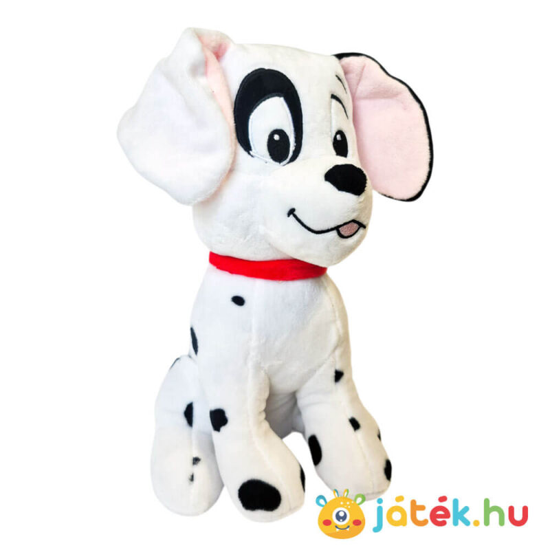 101 kiskutya: Foltos szemű plüss dalmata kutya, fekete fehér füllel, piros nyakörvvel, jobbról (26 cm)