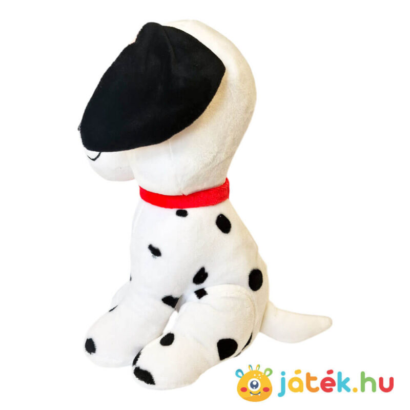 101 kiskutya: Foltos szemű plüss dalmata kutya, fekete fehér füllel, piros nyakörvvel, oldalról (26 cm)