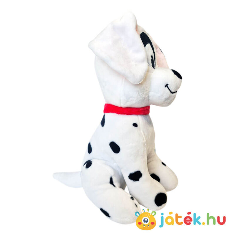 101 kiskutya: Foltos szemű plüss dalmata kutya, fekete fehér füllel, piros nyakörvvel, oldalról (26 cm)