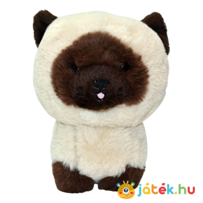 Álló barna-bézs színű sziámi plüss Teddy cica előről, 18 cm (Aurora)
