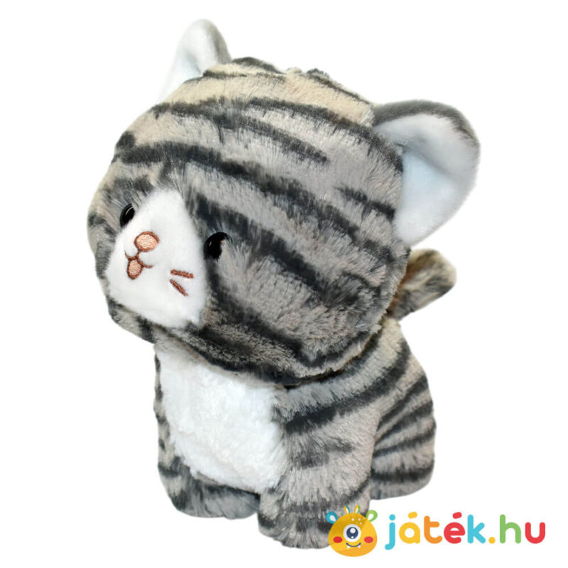 Álló szürke-fehér plüss cirmos cica balról, 18 cm (Aurora)