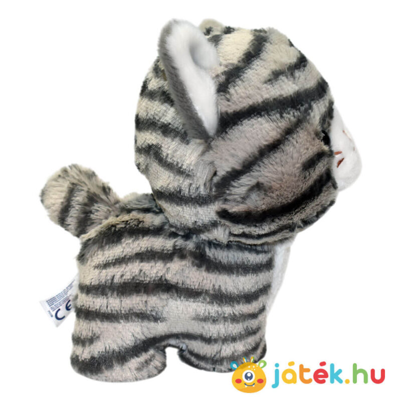 Álló szürke-fehér plüss cirmos cica oldalról, 18 cm (Aurora)