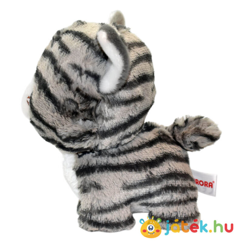 Álló szürke-fehér plüss cirmos cica oldalról, 18 cm (Aurora)
