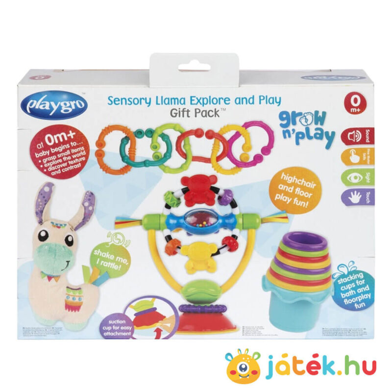 Bújós láma, 4 az 1-ben készségfejlesztő bébijáték szett doboza, hátulról (Playgro)