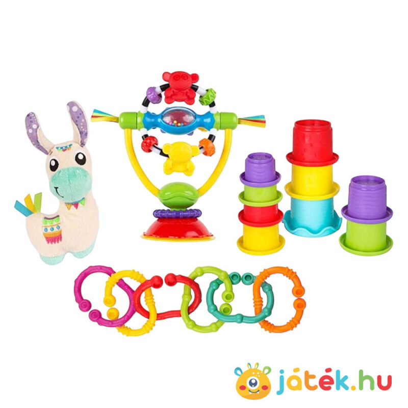 Bújós láma, 4 az 1-ben készségfejlesztő bébijáték szett tartalma (Playgro)