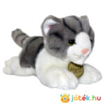 Élethű fekvő szürke-fehér plüss cica, 20 cm (Aurora, Miyoni)