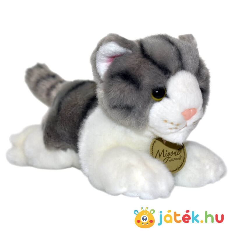 Élethű fekvő szürke-fehér plüss cica, 20 cm (Aurora, Miyoni)