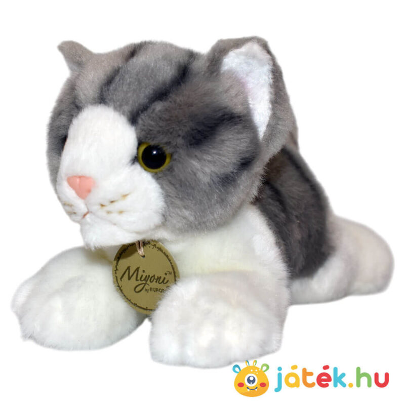 Élethű fekvő szürke-fehér plüss cica balról, 20 cm (Aurora, Miyoni)
