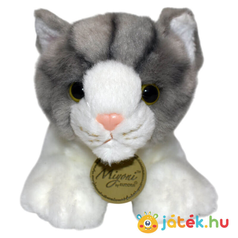 Élethű fekvő szürke-fehér plüss cica előről, 20 cm (Aurora, Miyoni)