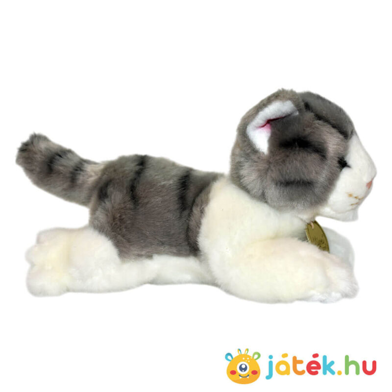 Élethű fekvő szürke-fehér plüss cica oldalról, 20 cm (Aurora, Miyoni)