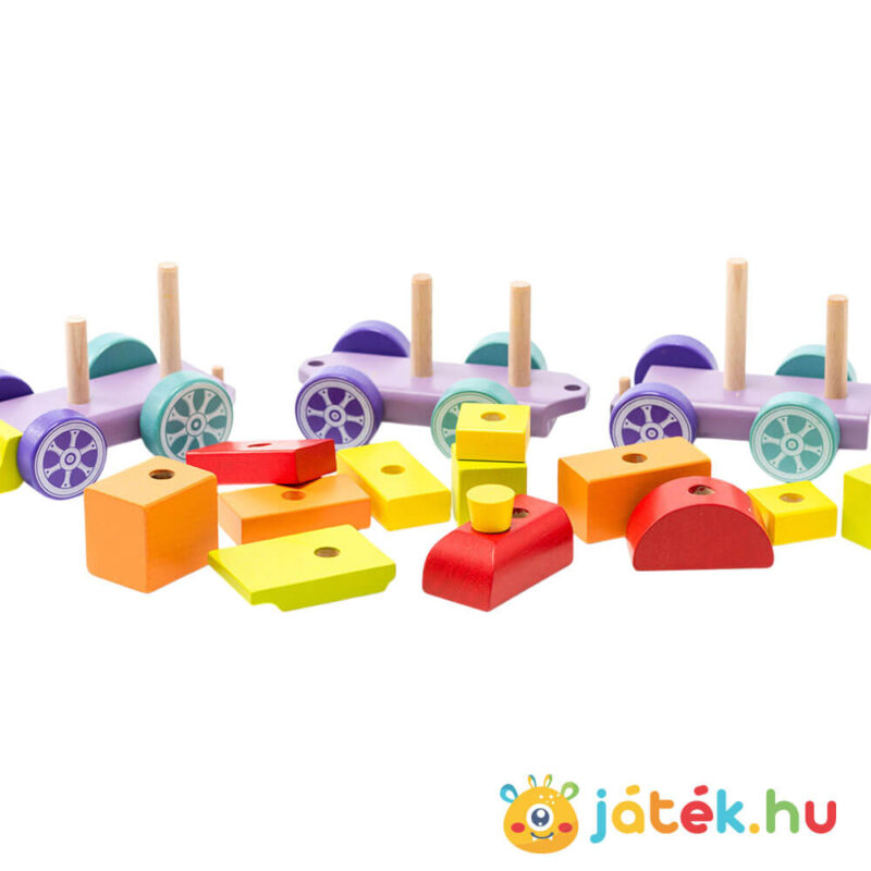 Fa vonat, 15 darabos készségfejlesztő fajáték készlet tartalma (Cubika)
