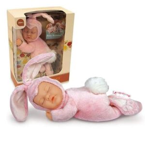 Anne Geddes: Puha testű babafigura, rózsaszín nyuszi ruhában, 23 cm