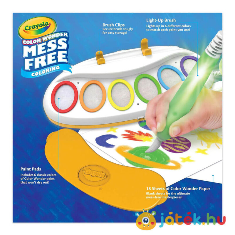 Crayola: Color Wonder varázs festőkészlet doboza hátulról, világító ecsettel