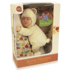 Anne Geddes: Puha testű babafigura, sárga maci ruhában, 23 cm