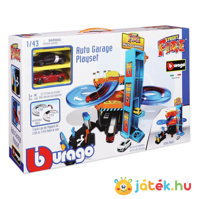 Három emeletes garázs, 2 db 1:43 kisautóval játékszett (Bburago Street Fire)