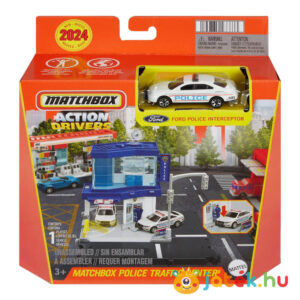 Matchbox: Városi pálya: Rendőrség sorompója, 1:64 méretarányú Ford Police Interceptor rendőrautóval