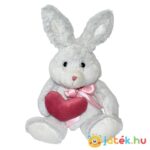 Szerelmes szürkésfehér ülő plüss nyuszi rózsaszín masnival és mályva színű szívecskével (25 cm)