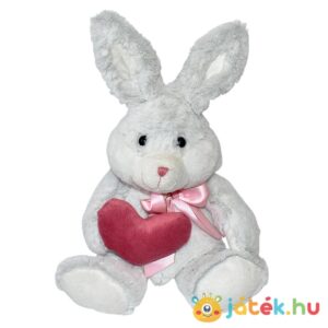 Szerelmes szürkésfehér ülő plüss nyuszi rózsaszín masnival és mályva színű szívecskével (25 cm)