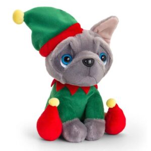 Francia bulldog plüss kutya, karácsonyi manó ruhában (Keel Toys, 16 cm)