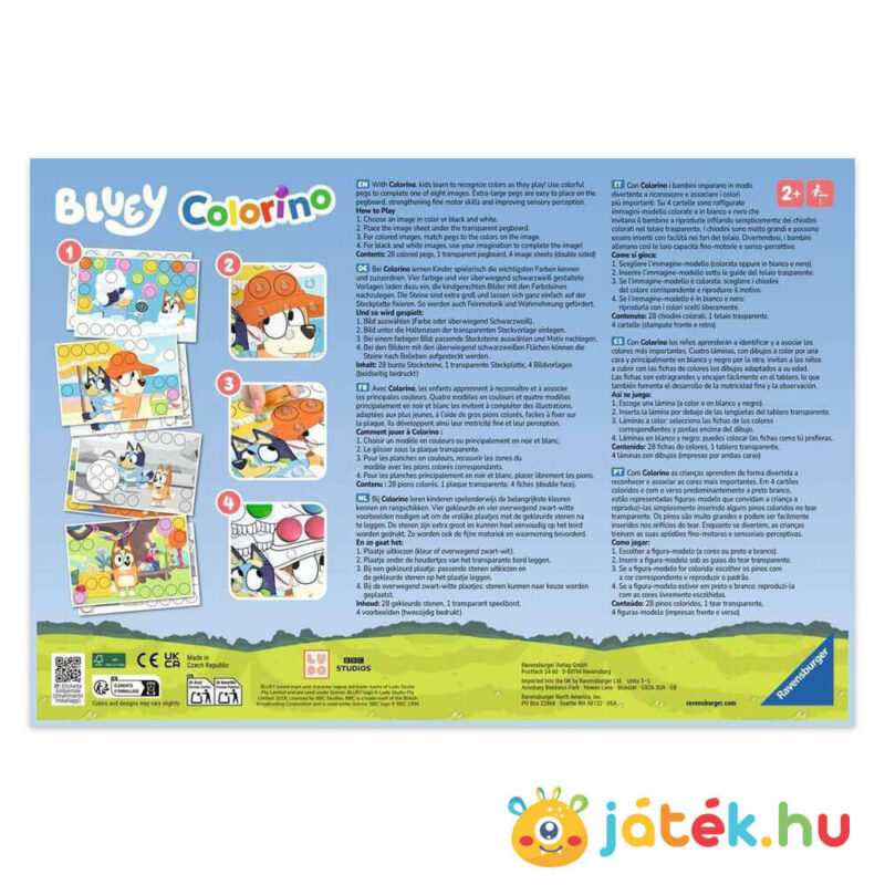 Bluey: Colorino, készségfejlesztő társasjáték doboza, hátulról a színekkel (Ravensburger)